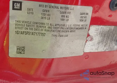 2010 Chevrolet Cobalt Lt из США, поврежденный, VIN 1G1AF5F51A7177757